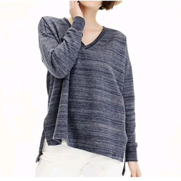 J.Crew V Neck Women Sweatshirt Blue Marl Heathered Cotton Tunic Split Hem Medium - Picture 1 of 9